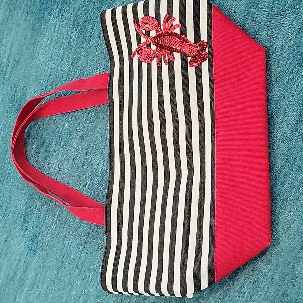 Quacker Factory Black & White Stripe Tote with Red Accent and Sequin Lobster